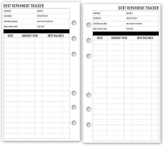 Personal Debt Repayment Planner Insert Refill, Payoff & Balance Log