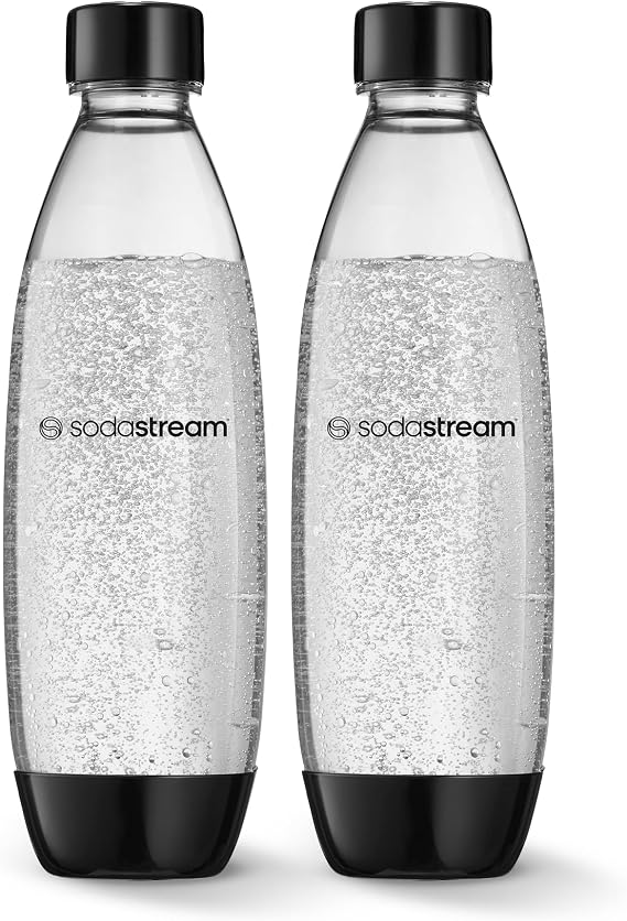 sodastream 1L Twin Pack Carbonated Water Bottle, Dishwasher Safe Slim, 2 Black Reusable Plastic Bottles for Sparkling Water, Soda Stream Compatible with TERRA, ART, ENSO, E-Terra & More