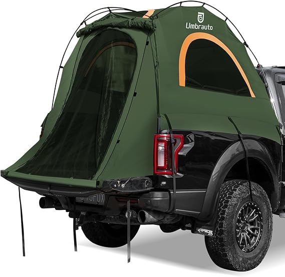 Umbrauto Truck Bed Tent Fits 6.5ft Truck Bed, Easy Setup for Camping, 3000mm Waterproof Pickup Truck Tent for 2 Person, Ford, GMC, Toyota, Chevy, Dodge, Nissan, Green & Orange