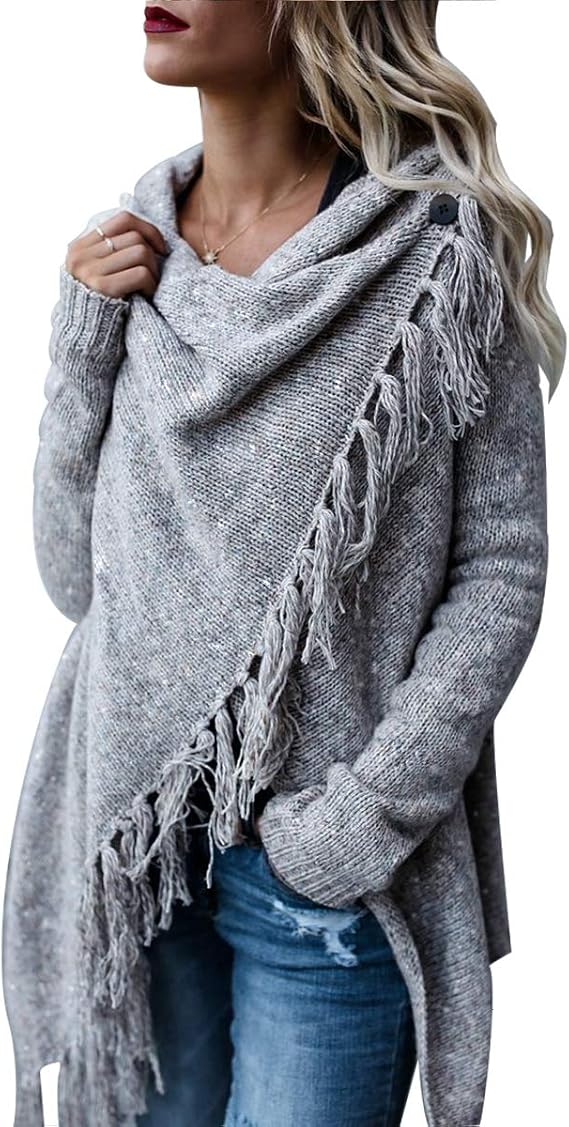 CEASIKERY Women's Tassel Hem Sweater Long Cardigan Knitwer Pullover Poncho Coat