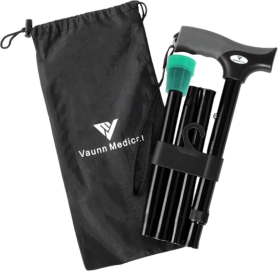 FSA/HSAVaunn Medical Height Adjustable Folding Cane/Walking Stick with Strap/Pouch- Compact, Portable, and Safe Walking Assistant- Non-Slip Handle- Men, Women, Elderly
