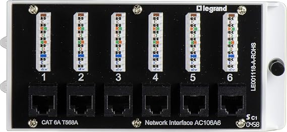 Legrand - OnQ Home Theater Patch Panel, 6 Port Interface Module, Cat 6A Network Patch Panel for Wired Ethernet Connection, Black, AC106A6