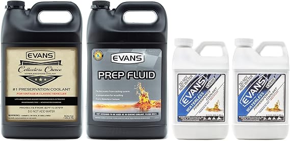 EVANS Cooling Systems Bundle | EC42001 Waterless Prep Fluid, 128 fl. oz., and EC31001 Collectors Choice Waterless Engine Coolant, 128 fl. oz., and EC72064 Powersports Waterless Engine Coolant, 64 fl.