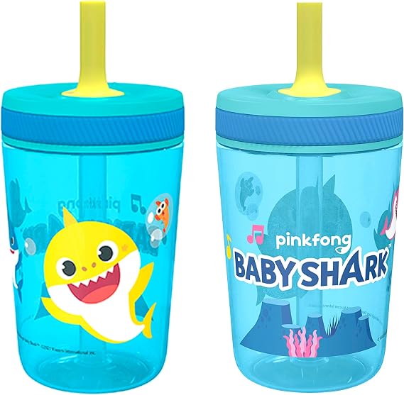 Zak Designs 15oz Baby Shark Kelso Tumbler Set, Leak-Proof Screw-On Lid with Straw Made of Durable Plastic and Silicone, Perfect Bundle for Kids (2pcs Set)