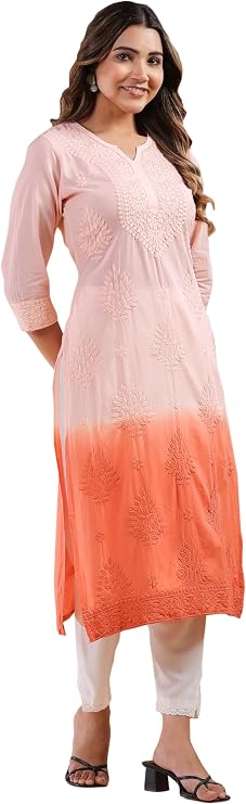 Janasya Indian Women's Cotton Peach Casual Wear Kurta for Women