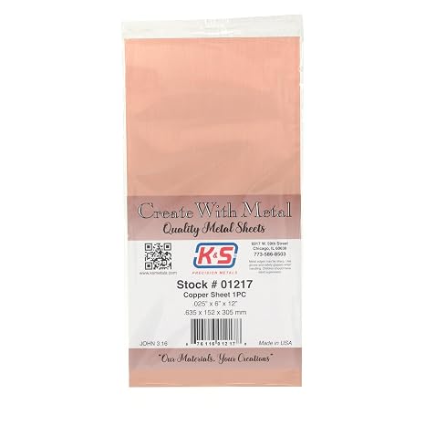 K&S Precision Metals Copper Sheet 1217 0.025" Thick x 6" Wide x 12" Long DIY Projects, Metalworking, Jewelry Making, Decor, Made in USA, 1 Sheet