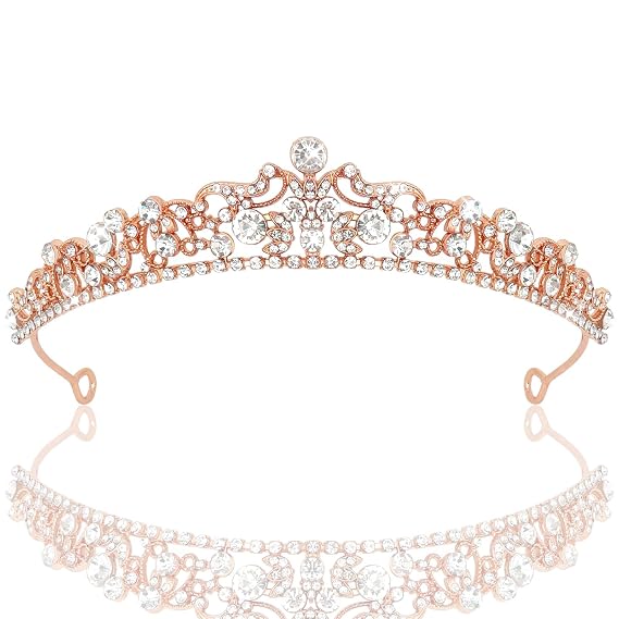 CIEHER Wedding Tiara Crowns for Women Rhinestone Princess Crown Bridal Headpiece for Flower Girl, Bride Hair Accessories for Birthday Prom Quinceanera - Rose Gold