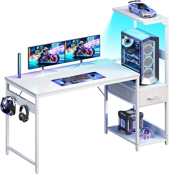 Casaottima 48'' Gaming Desk with LED Lights & CPU Stand, White