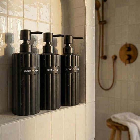 Stylish Shampoo & Conditioner Dispenser Set of 3 - Fluted 19oz Bottles