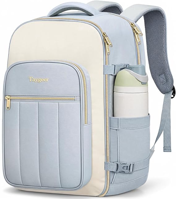 Taygeer Quilted Travel Backpack, Flight Approved Travel Carry on Bag 40L | Underseat Puffer Backpack, 14x18x8 inch, Fits 17.3 Inch Laptop, 3 Packing Cubes, Wet Bag, Connected Compartments, Blue