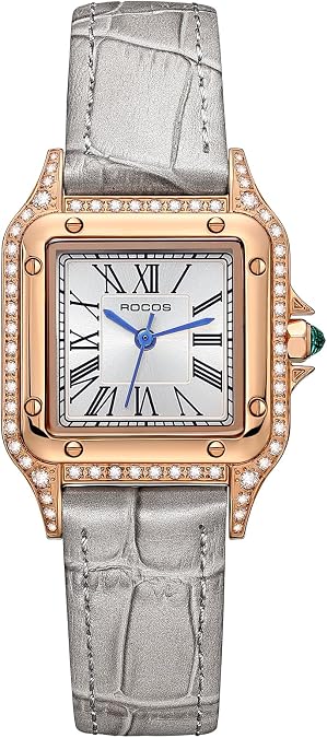 ROCOSJEWE Luxury Orange Watches for Women, Square Dress Watch Ladies Vintage Elegant Crystal Bezel Rose Gold Leather Band Analog 30m Water Resistant Wrist Watch, Reloj de Mujer