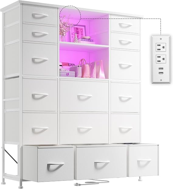 EnHomee 51" H White Dresser with 15 Drawers Dresser for Bedroom with Charging Station & LED Lights & Hutch Sturdy Bedroom Dressers, Steel Frame, Wood Top, 51.2" H x 39.3" W x 11.8" D