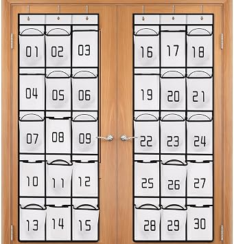 Loghot 2 Pack Classroom Headphone Storage Organizer, 30 Pockets Wall Hanging Numbered Headphone Holder, Over The Door Classroom Pocket Chart for Headphones, Cell Phone, School Supplies (White)