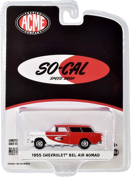 1955 Chevrolet Bel Air Nomad So-Cal Speed Shop Red and White Acme Exclusive 1/64 Diecast Model Car by Greenlight for Acme 51340