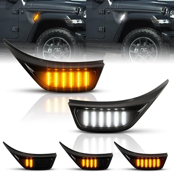 POPMOTORZ Switchback Front Fender Side Marker Lights, Sequential Dynamic LED Amber Blinker Turn Signal Lights & White Day Running Lamps Compatible with 2018-2023 Jeep Wrangler JL Gladiator JT-Smoked