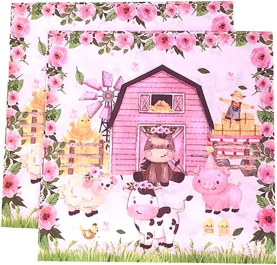 40pcs Farm Animals Napkins 13 x 13 Inch Pink Barnyard Cow Party Decorations Animals Themed Disposable Paper Napkins for Girls Boys Baby Showers Birthday Party BBQ Picnic Spring Summer Tea Decors
