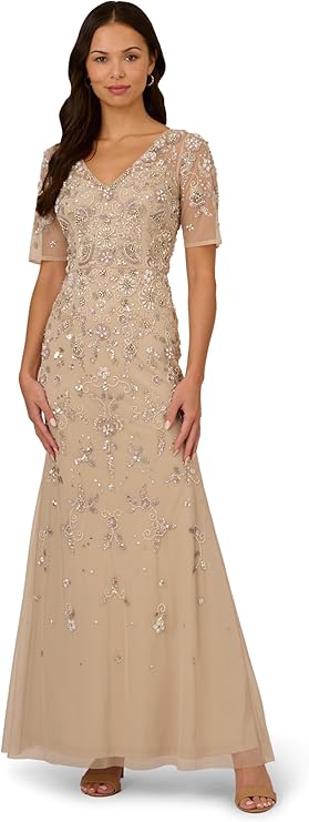 Adrianna Papell Women's Beaded Mesh Long Dress
