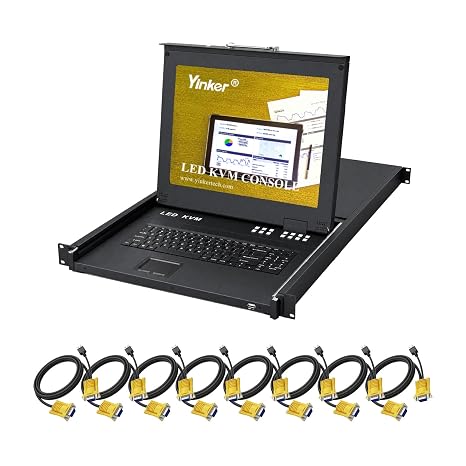 17" LCD KVM Console 8 Port VGA, Yinker Rackmount KVM Switch Console Fit 1U 19" Rack, Support Hotkey + OSD Menu, Integrated with US Keyboard + Touchpad + 8 KVM Cables + Power Supply