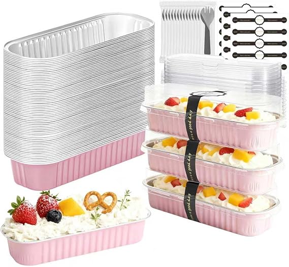 100 Pack Mini Cake Pans with Lids and Spoons, Mini Loaf Baking Pans 6.8oz, Small Disposable Aluminum Foil Loaf Pans, Rectangular Baking Containers for Party and Picnics, Cheesecake Pans (Pink)