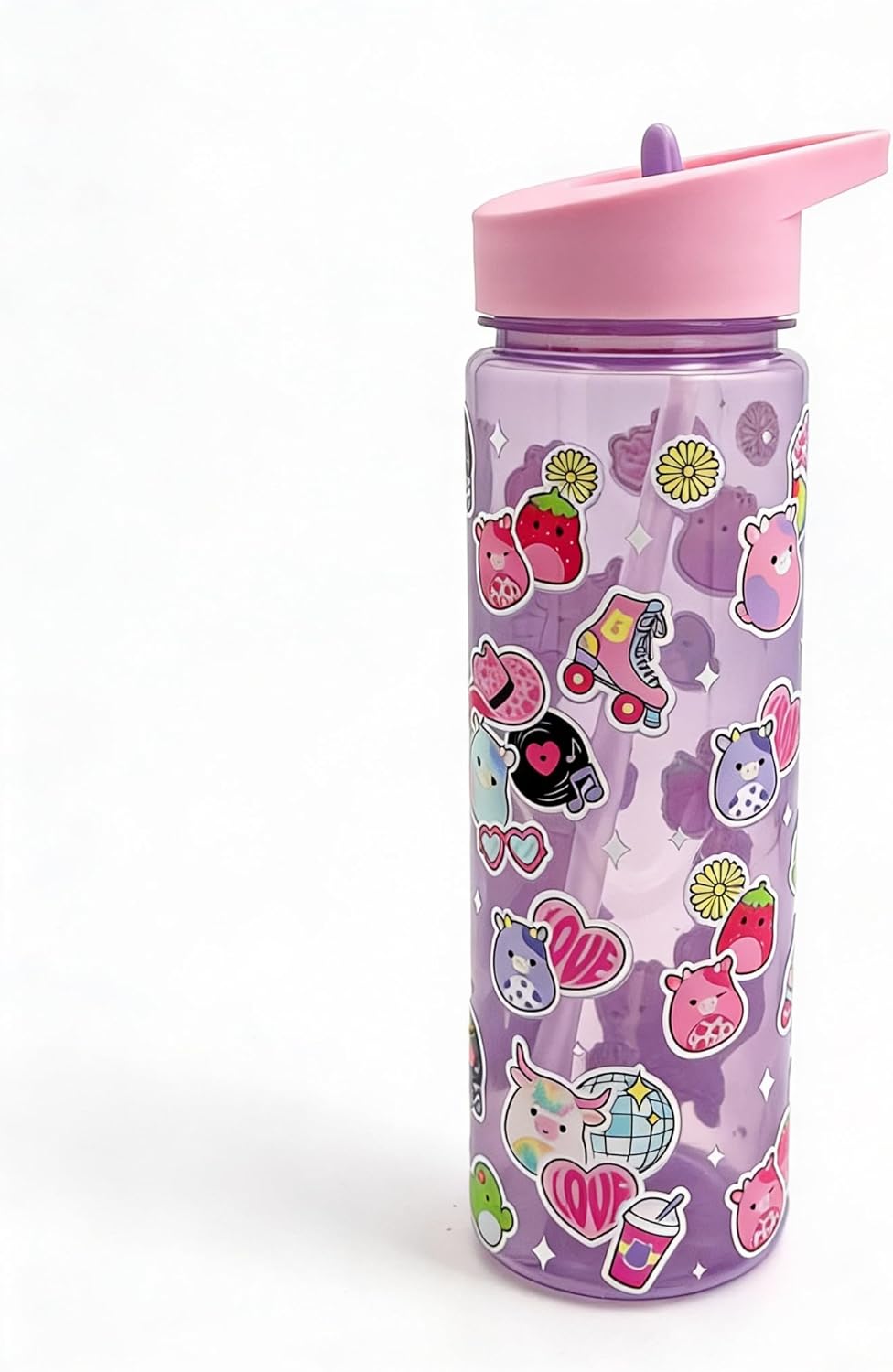 Squishmallows 600ml Leak Proof Water Bottle with Flip Straw Lid, BPA Free Kids Drinks Bottle with Carry Loop, Removable Straw Cute Pastel Squishmallows Style Bottle for School Travel Sports