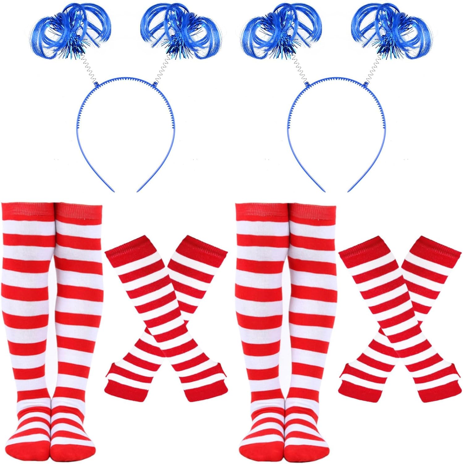 6Pcs Blue Cosplay Costume Outfit For Includes Blue Ponytail Headband Striped Gloves Striped Socking