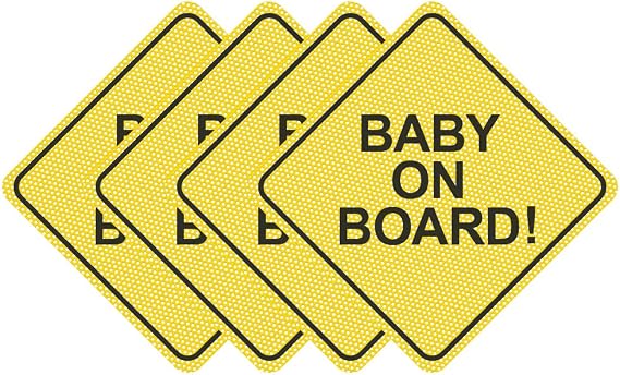 Baby on Board Sticker for Cars (4 PCS) 5" by 5", Bright Yellow ABS Material, See-Through When Reversing, Waterproof and Heat Resistant Decal with Strong Adhesive