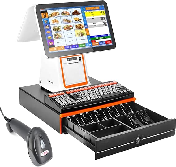 Smart Professional Cash Register, All-in-One Cash Register, 15.6" Touch Screen, 8mm Thermal Printer, Dual-Screen Cash Register Machine, Point of Sale Terminal, White
