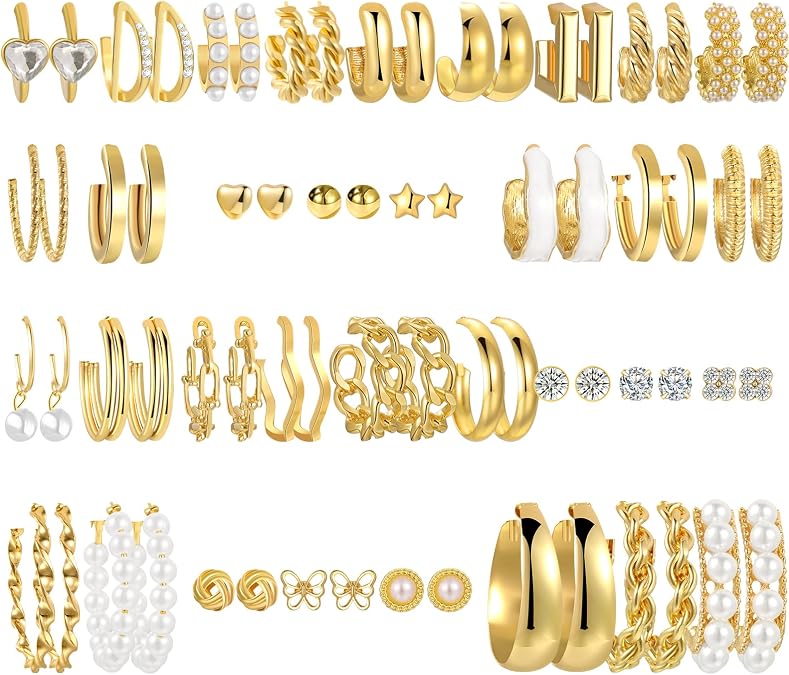 45 Pairs Gold Earring Set for Women, Fashion Stud Pearl Earrings Multipack, Hypoallergenic Twisted Heart Earring Pack, Gold Hoops Earrings for Party Jewelry with Gift Bag (Gold-LB29)