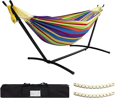 SZHLUX Double Hammock with Stand Included 450lb Capacity Steel Stand, Premium Carry Bag Included.Indoor Outdoor Brazilian-Style Cotton Bed for Backyard, Camping,Garden