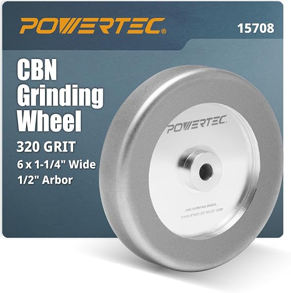 POWERTEC CBN Grinding Wheel 6 Inch 320 Grit, 1-1/4" Wide, 1/2" Arbor 4-in-1 CBN Sharpening Wheel with 1/4" Radius Edge and Side Face for Bench Grinder (15708)