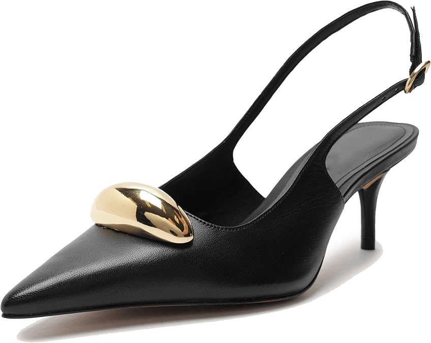 Womens Kitten Heel Sandals Pointed Toe Black Pumps Comfortable Low Heeled Sandals Slingback Kitten Heels Buckle Dressy Pumps
