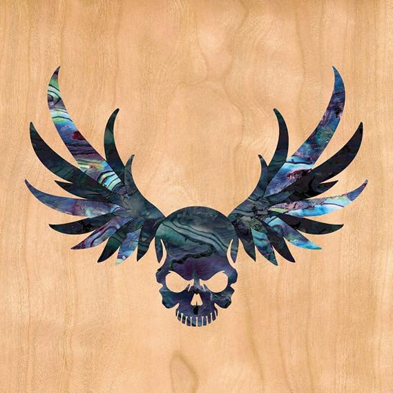 Inlaystickers for Guitars & Bass - Winged Skull - Black Pearl, B-137WS-BP | One symmetrical 3.5 x 2.7-inch decal with a front-facing skull centered between a pair of feathered wings.