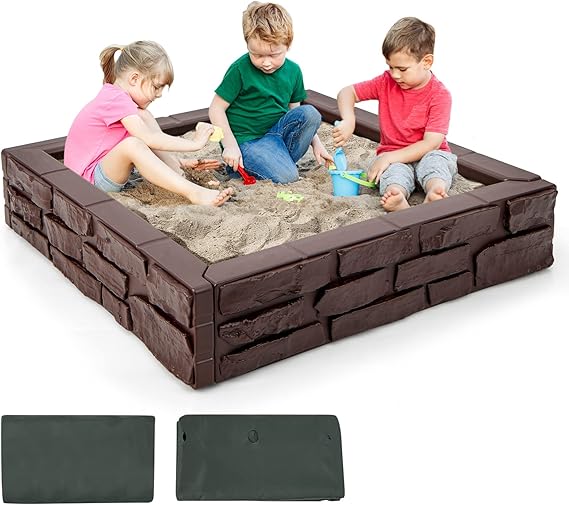 Costzon Kids Sandbox with Cover, 47"x 47" HDPE Sand Box w/Oxford Cover, Bottom Liner, Reinforced Structure, Weather Resistant Outdoor Sand Pit for Backyard Lawn Garden Beach (Brown)