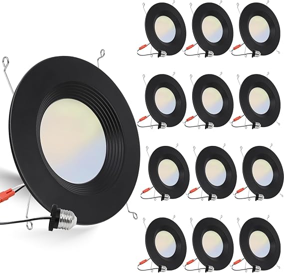 12 Pack 5/6 Inch 5CCT Black LED Recessed Lighting Retrofit, 2700K/3000K/4000K/5000K/6500K Selectable, Dimmable Can Lights with Baffle Trim, 12W=150W, High Brightness 1000LM, Wet Rated, ETL Certified