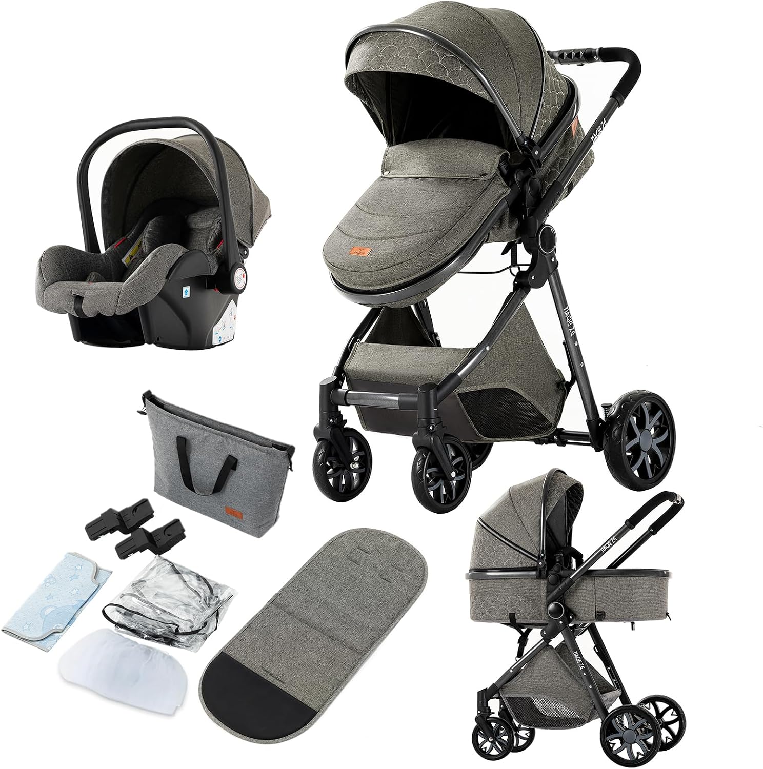 Magic ZC 3 in 1 Pushchair Pram Travel System, Baby Stroller 3 in 1 with Reversible Two Pushing Modes, Newborn Infant Carriage One-Click Folding, Toddler Buggy Aluminum Frame (V9 Deep Grey)