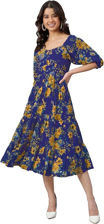 Janasya Women's Georgette Blue Floral Print Casual Wear Summer Dress for Women