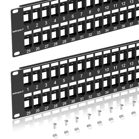 Sokqovt 48 Port Blank Keystone Patch Panel with Snap-in Design (2 Pack), Cat6 Network Patch Panel 2U 19 inch, Rack Mount Ethernet Patch Panel (for Slim Keystone Only)