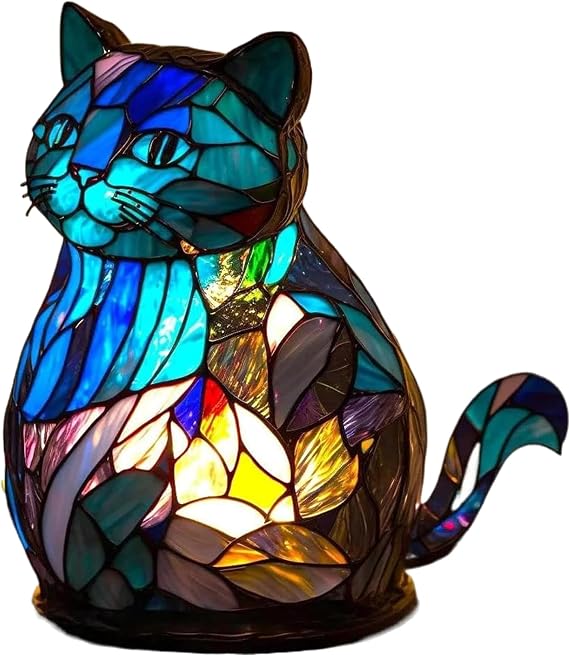 3D Animal Table Lamp, Retro Stained Animal Night Light Lamp, Cute Resin Animal Lamps, Vintage Animals Bedside Lamp with USB Ports Suitable for Living Room, Bedroom, Home Office (Cat)