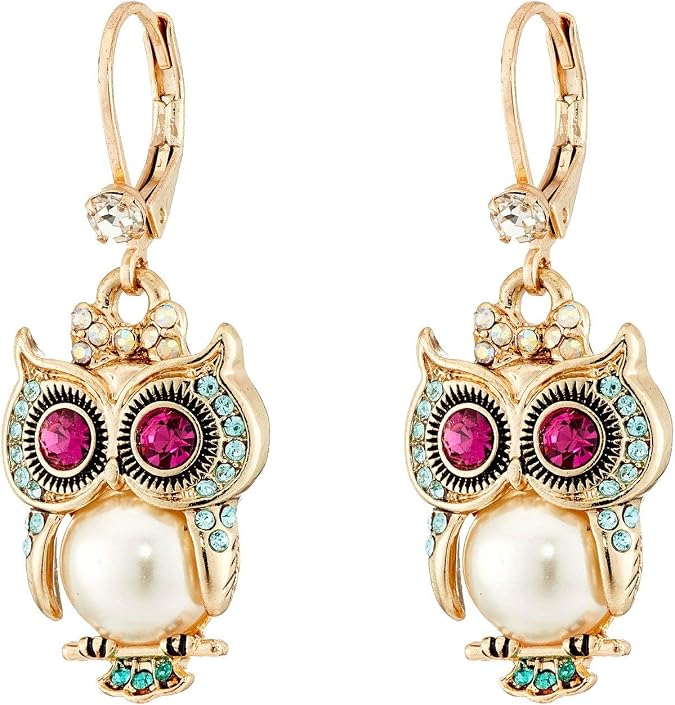 Betsey Johnson Pearl Critters Owl Drop Earrings