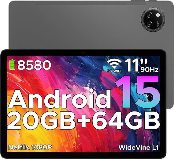 Tab A9+ 11 inch Tablet with 90Hz,8580mAh,20GB+64GB/2TB Octa Core Android Tablet,7.9mm Ultra Thin Gaming Tablets,13MP+5MP,Dual Speakers,Bluetooth 5.0,Face ID,5G WiFi,FM,Widevine L1,GPS,Gray