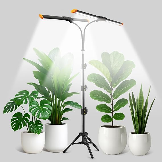 Plant Grow Light with Stand,Super Bright 6000K White Full Spectrum Floor Growing Lamp with Rotatable Dual Light Head & Height Adjustable 17-62" for Indoor Tall Plants, Dimmable & Auto Timer 4/8/12H