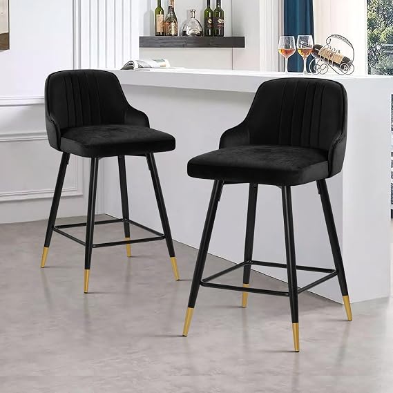 Bekrvio 65CM Bar Stools Set of 2, Modern Velvet Swivel Kitchen Stools with Arms, Back, Metal Footrest for Kitchen Counter Island Dining Room, Support 150kg, Black