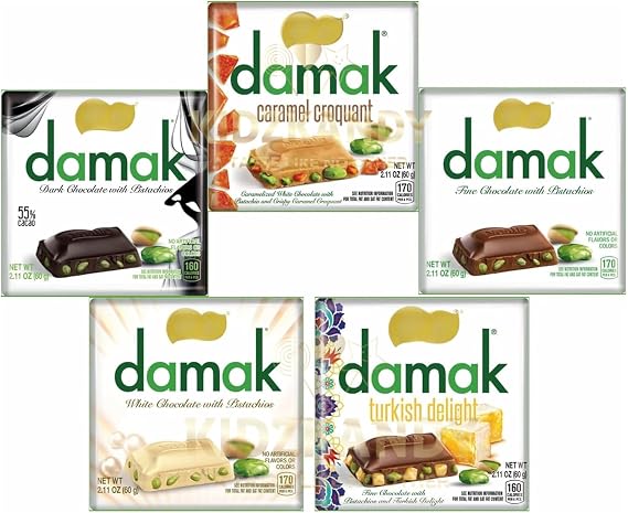 Chocolate Treat Bundle With Pistachio Damak Dark, Fine, Caramel Croquant, White and Turkish Delight Assorted 5 Pack Hamper For Birthday, Party, Easter For Him & Her