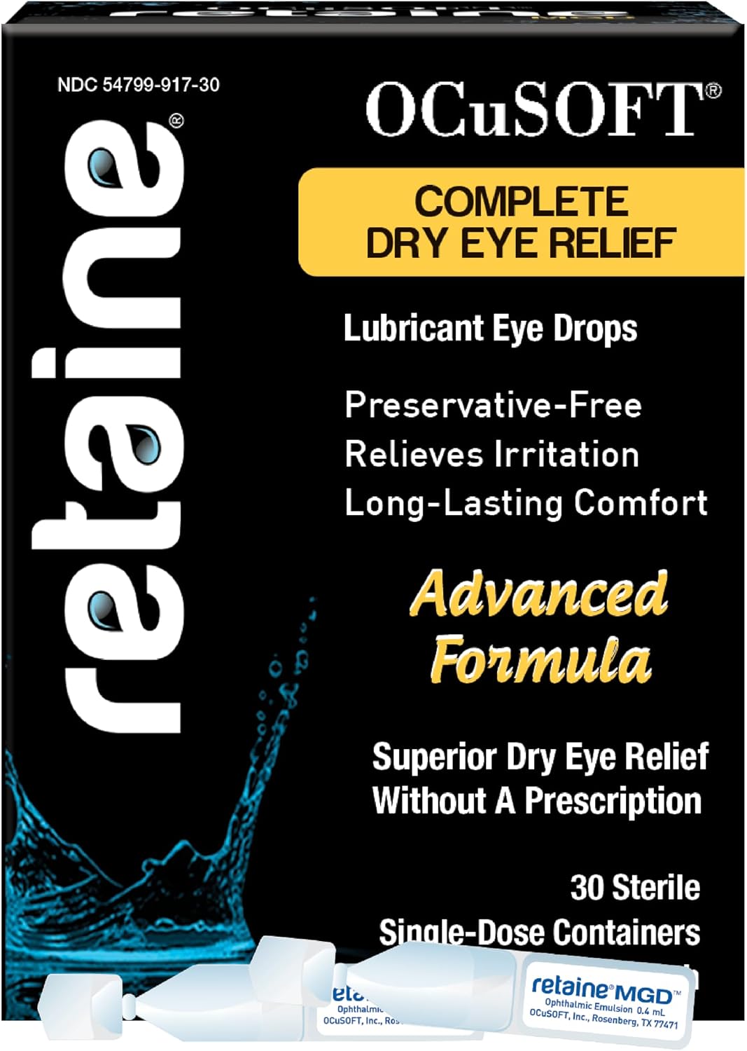 OCuSOFT Retaine MGD Ophthalmic Emulsion - Complete Dry Eye Relief - Soothes Red &amp;amp; Irritated Eyes - 30 Count Preservative-Free Single-Use Containers - 0.01 Fl Oz