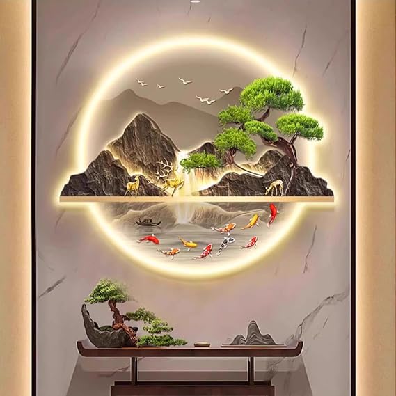 3D Wall Art Decor with Led Light, Hanging Wall Art Wall Sculptures Painting, Oriental Decor Lamp, Chinese Traditional Wall Hanging Paintings for Home Entrance Hallway Bedroom(L24 x H20in, A)