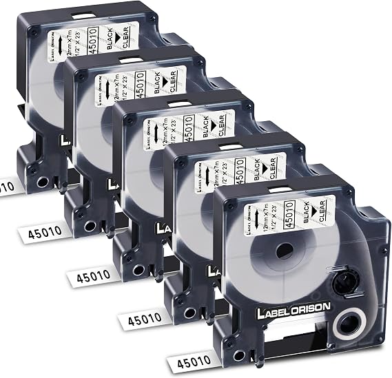 45010 Compatible Label Tape for Dymo 45010 Black on Transparent Label Tape for Dymo LabelManager LM160 LM210D LM260P LM280 LM360D LM420P 12mm x 7m Pack of 5
