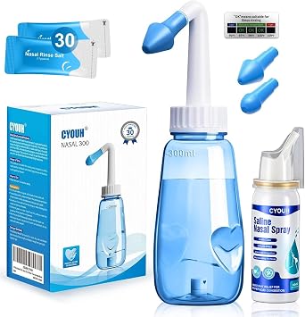 Neti Pot Sinus Rinse Bottle 300 ML with 60ml Nasal Spray and 30 Nasal Wash Salt Packets and Sticker Thermometer Nose Wash Cleaner Pressure Rinse Nasal Irrigation for Adult & Kid BPA Free