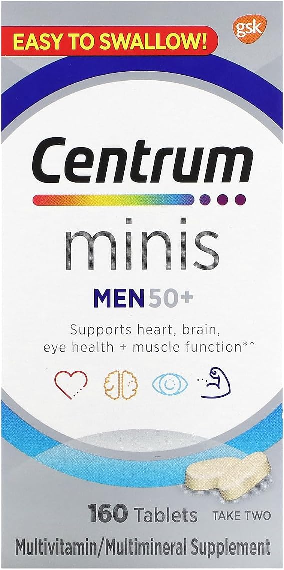 Centrum Minis Silver Multivitamin for Men 50 Plus, Multimineral Supplement, Vitamin D3, B and Zinc, Non-GMO,160 Tablets,Supports Memory and Cognition in Older Adults