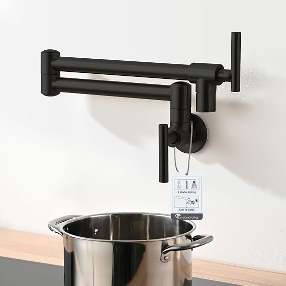 Pot Filler Faucets - for Kitchen, Sink, Stove and Bar with Brass Wall Mount Double Joint Swing Arms - Leak Free Designs with High-Flow Aerators - Retractable and Folding Save Space - Matte Black