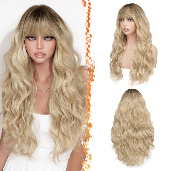 BARSDAR 26Inch Long Wavy Natural Blonde Ombre Wig with Bangs Soft Synthetic | Voluminous Soft Wave, Realistic Looking Scalp, Lightweight Breathable Comfortable Fit, Versatile Easy Wear, Tangle-Resistant